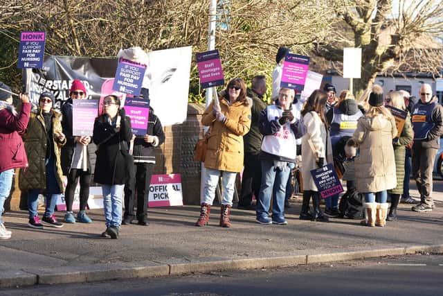 Nursing staff (pictured outside Worthing Hospital) are striking again in England to secure a future with safe patient care and fair pay. Photo: Eddie Mitchell