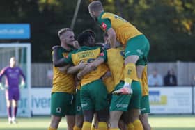 Horsham celebrate scoring in their thrilling 4-3 home win over Aveley in the FA Trophy. Pictures by John Lines