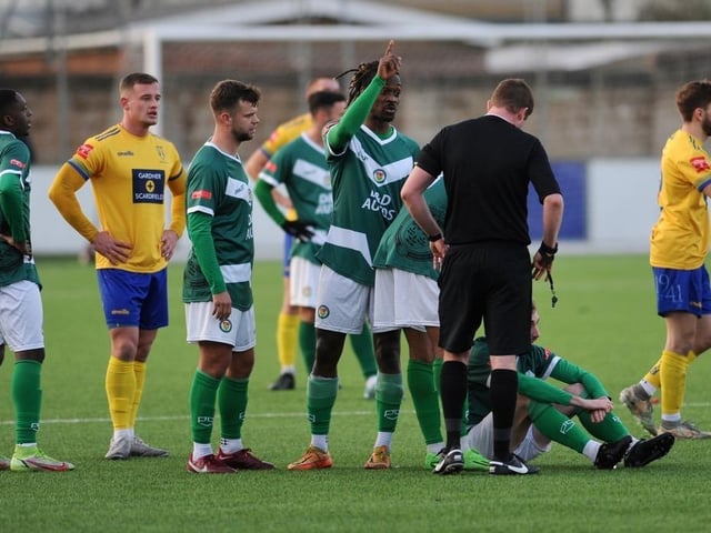 Action from Lancing's 3-2 win over Ashford United on Saturday. Picture by Stephen Goodger