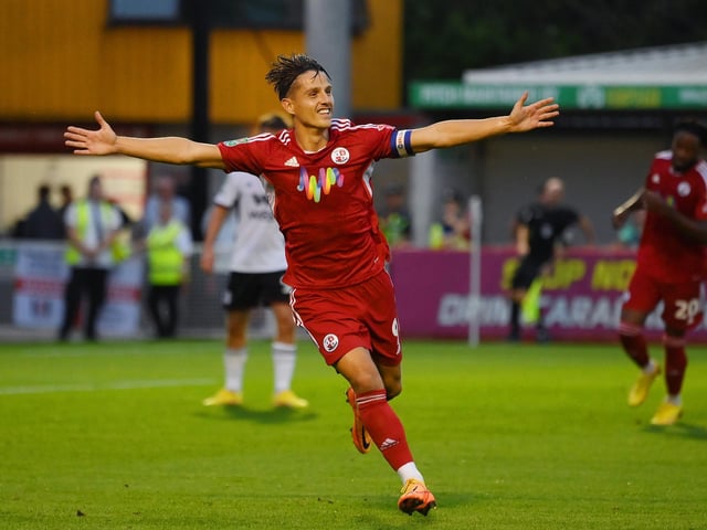 CRAWLEY, ENGLAND - AUGUST 23: Tom Nichols of Crawley Town celebrates after scoring their team's first goal during the Carabao Cup Second Round match between Crawley Town and Fulham at Broadfield Stadium on August 23, 2022 in Crawley, England. (Photo by Mike Hewitt/Getty Images)