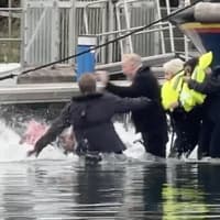 James Corden falls into the Eastbourne harbour filming for new Apple TV comedy series 'The Choir' with Ruth Jones