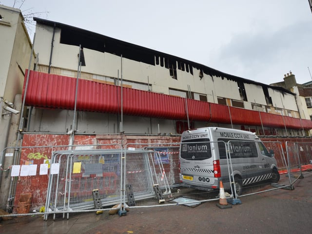 The remains of the former nightclub in George Street, Hastings, after a fire in January 2023.