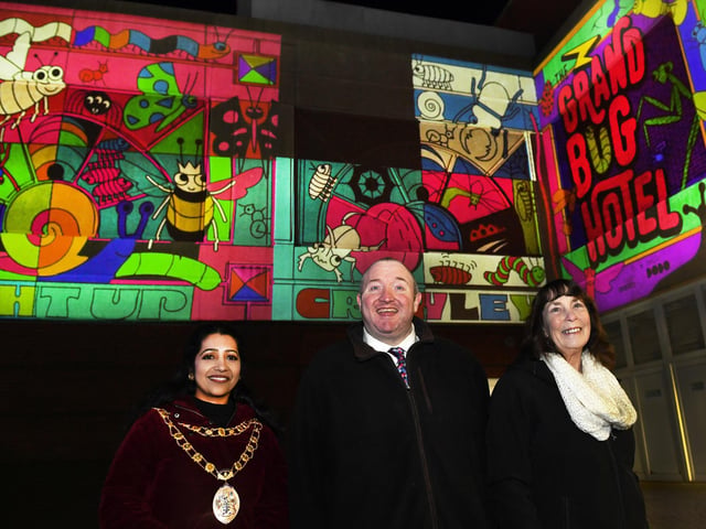 Mayor of Crawley Sharmila Sivarajah, leader of Crawley Borough Council Michael Jones and cabinet member for community engagement and culture Sue Mullins taking in ‘The Electric Grand Bug Hotel’