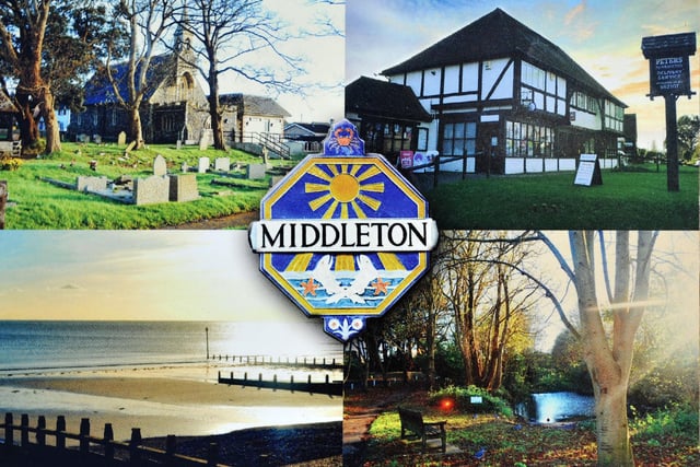 The Middleton postcard is very colourful and features the village sign as a centrepoint