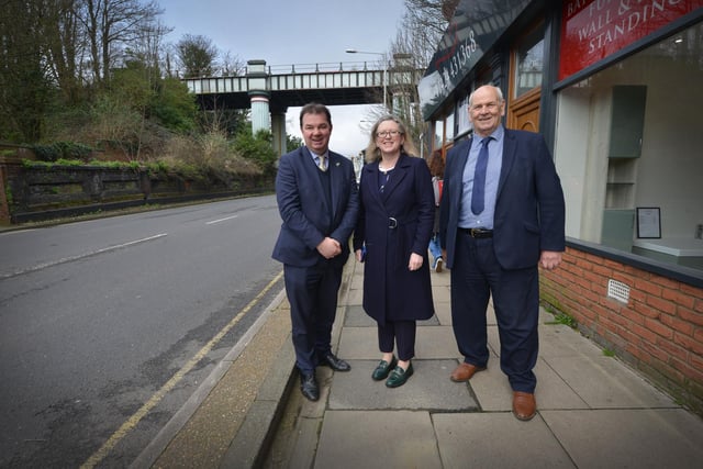 Minister Guy Opperman visits Hastings on March 18 2024. Pictured in Queens Road, A2101. L-R: Guy Opperman, Minister for Roads and Local Transport. Sally-Ann Hart, Conservative MP for Hastings and Rye, and Keith Glazier, Council Leader, East Sussex County Council.
