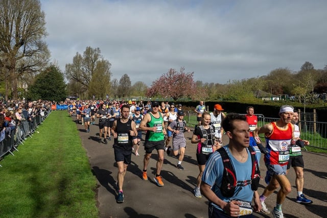 Participants in the yellow wave leave the start line at Preston Park during The Brighton Marathon on Sunday 7th April 2024.Photo: Andrew Baker for London Marathon EventsFor further information: media@londonmarathonevents.co.uk:Images from the 2024 Brighton Marathon