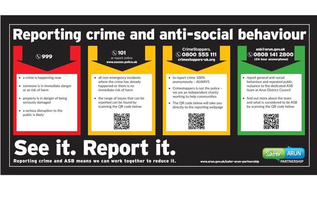 A new campaign has been launched in the Arun district, to encourage people to report crime and anti-social behaviour. Photo: Arun District Council