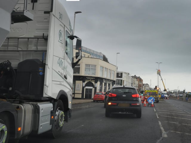 Roadworks on January 20 2025. Pedestrian improvements Albert Road & A259 Denmark Place, Hastings.