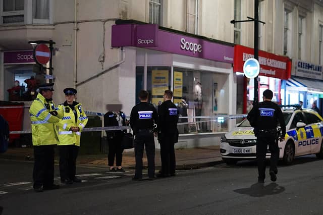 Police officers were seen at a cordoned off area just after 7pm at the junction of Elms Road and Seaside Road in Eastbourne on Thursday, March 7