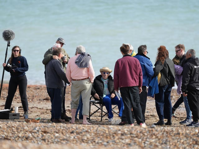 Sir Ian McKellen and Roger Allam were spotted filing together on Worthing beach today (October 7, 2025)