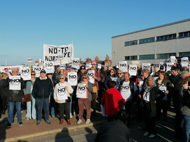 Protestors outside the De La Warr Pavilion, Bexhill, on May 11, 2023 demonstrating against the Northeye plans. Picture by Fi Douglas