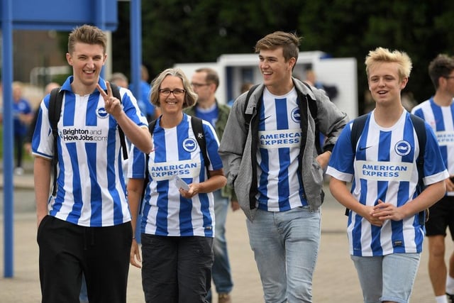 Brighton and Hove Albion fans arrive in good spirits prior to the Premier League match between Leicester City and Brighton and Hove Albion at The King Power Stadium on August 19, 2017.