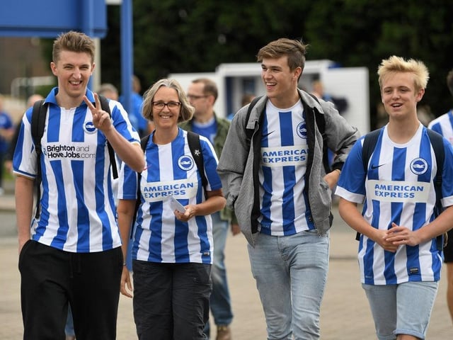 Brighton and Hove Albion fans arrive in good spirits prior to the Premier League match between Leicester City and Brighton and Hove Albion at The King Power Stadium on August 19, 2017.