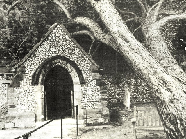 Two giant churchyard pine trees fell on St Margaret's Church at Ditchling. One fell on the roof of the south porch