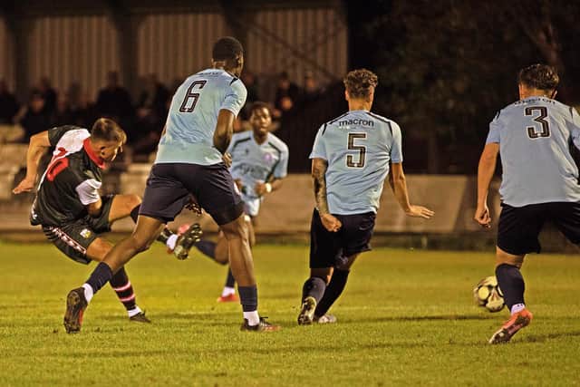 Pagham's David Crouch (left) fires in a shot against Little Common | Chris Hatton