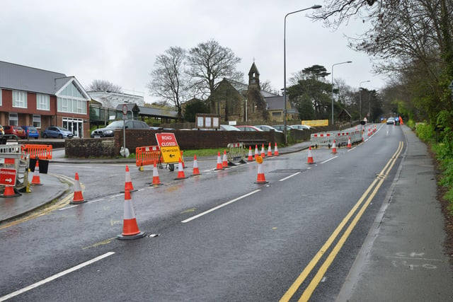 Roadworks on the A259 near to Little Common roundabout pictured on April 3 2024.