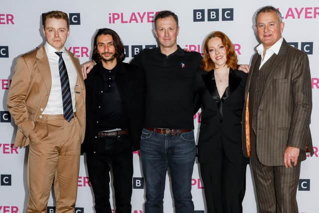 Jack Lowden, Aneil Karia, Neil Forsyth, Charlotte Spencer and Hugh Bonneville star in The Gold on BBC One. Photo by Tristan Fewings/Getty Images