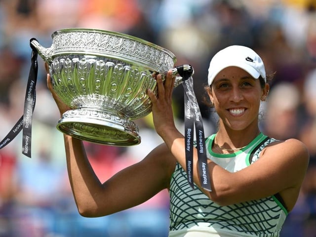 EASTBOURNE, ENGLAND - JULY 01: Madison Keys of United States celebrates with the winner's trophy after victory against Daria Kasatkina during the Women's Singles Final match on Day Eight of Rothesay International Eastbourne at Devonshire Park on July 01, 2023 in Eastbourne, England. (Photo by Justin Setterfield/Getty Images):Action from Saturday's finals at the Rothesay tennis international at Devonshire Park, Eastbourne
