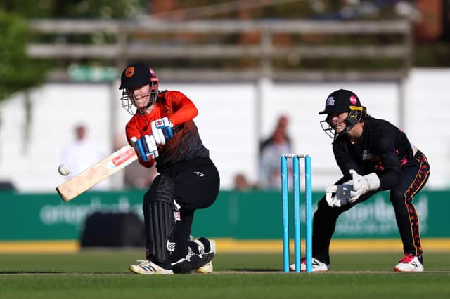 Ella McCaughan of Southern Vipers hits runs during the Charlotte Edwards Cup Final between Southern Vipers and Central Sparks at The County Ground on June 11, 2022 in Northampton, England. (Photo by George Wood/Getty Images)