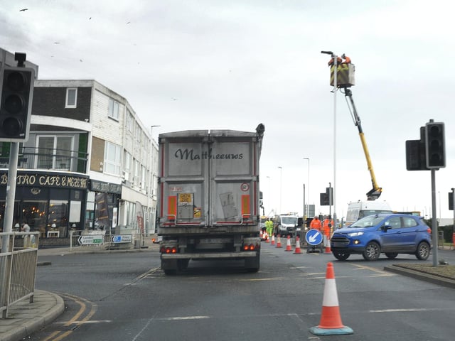 Roadworks on January 20 2025. Pedestrian improvements Albert Road & A259 Denmark Place, Hastings.