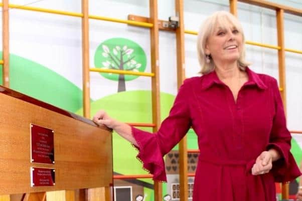Georgina, Duchess of Norfolk, with the new piano dedicated to Cliff and Stella Stone, which will be used by Arundel Church of England School and Arun Choral Society.