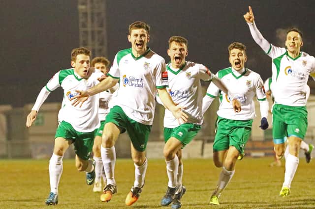 James Crane and Co celebrate his winner v Altrincham in the FA Trophy