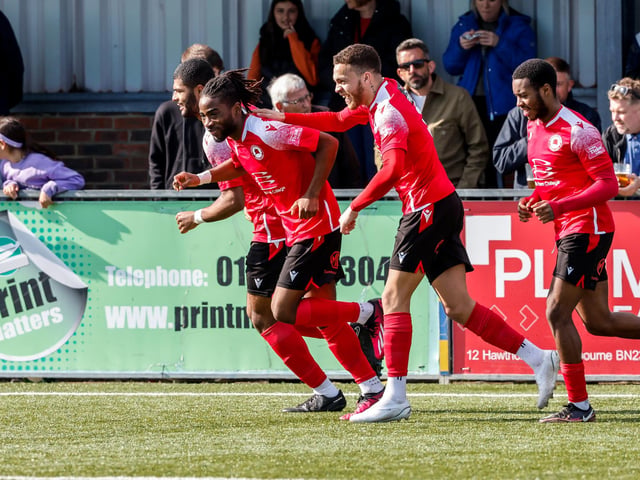 Action from Eastbourne Borough's National South win ovder Dartford at Priory Lane