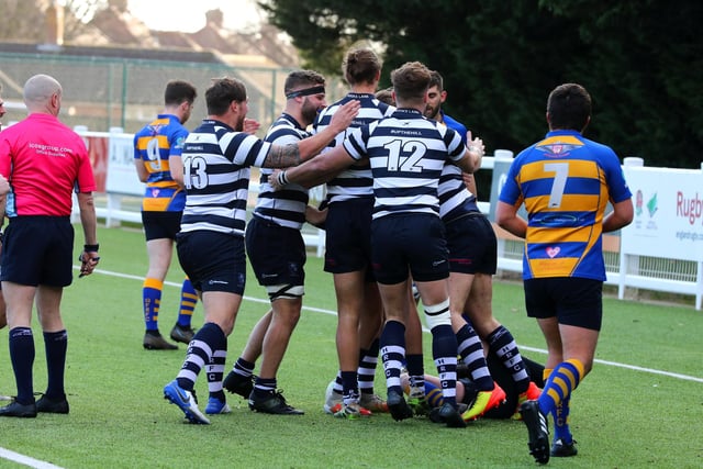 Havant Dolphins celebrate a try in their win over Gosport & Fareham Picture: Sam Stephenson