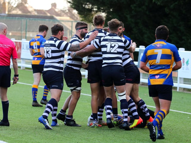 Havant Dolphins celebrate a try in their win over Gosport & Fareham Picture: Sam Stephenson