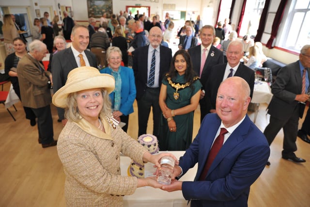 The Lord-Lieutenant of West Sussex, Lady Emma Barnard, making the formal presentation of the Queen’s Award for Voluntary Service to Steve Smith, on behalf of Findon Village Store and Post Office