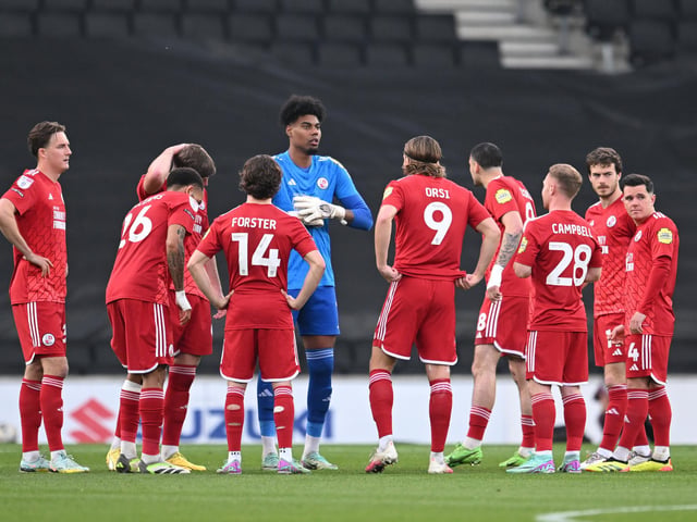 The Crawley Town players during the EFL Sky Bet League 2 play-off second leg match between Milton Keynes Dons and Crawley Town at stadium:mk, Milton Keynes, England on 11 May 2024.:Crawley Town hammered MK Dons 5-1 - and 8-1 on aggregate - to reach the League Two play-off final Wembley. Photographer Dennis Goodwin/Pro Sport Images was there to catch the action, the crowd and the celebrations