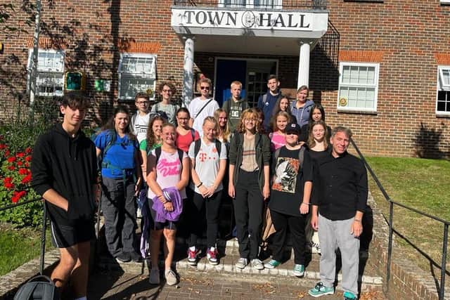 Students from Reiffenstuel-Realschule School, Traunstein, outside the town hall in Haywards Heath