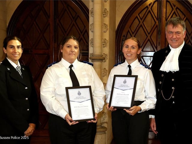 Worthing Police Community Support Officers Hannah Jenman (centre-left) and Laura Burnett (centre-right) were also recognised for their compassion and courage to save a man’s life in Worthing