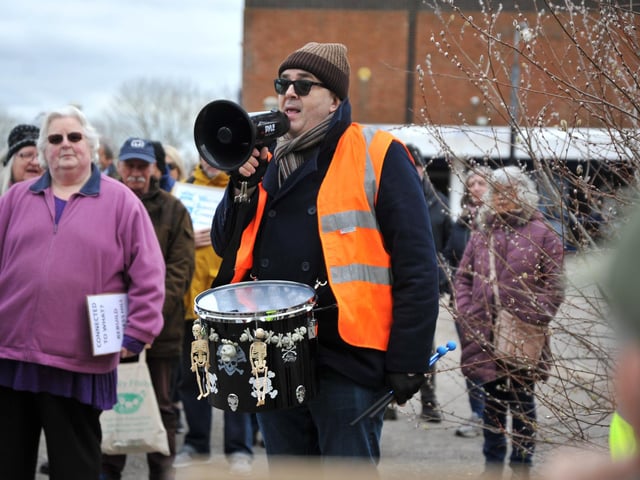 Ray Woods speaking to attendees with his megaphone. Pic S RobardsSR2303061