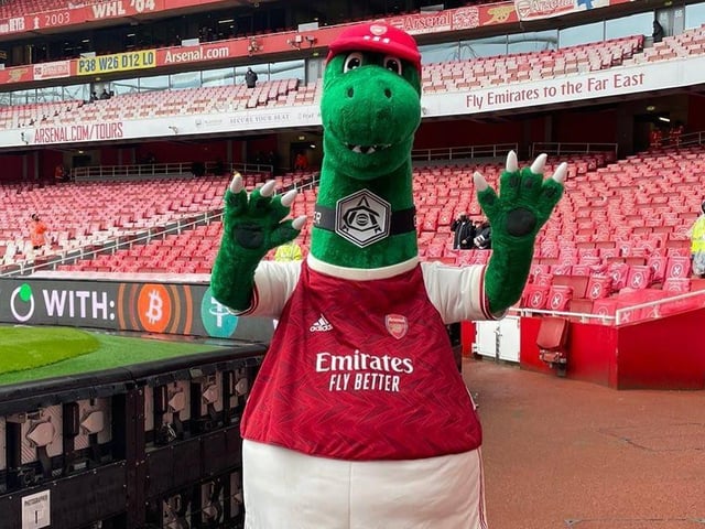 Arsenal’s Gunnersaurus is certainly a real hall-of-fame football mascot. 
The neck, the claws, the teeth… it might all be a bit too cute to strike fear in the opposing team but fans didn’t care.
In fact, when the beloved dinosaur was sacked by the club to cut costs during the pandemic in 2020, there was uproar amongst Arsenal supporters.