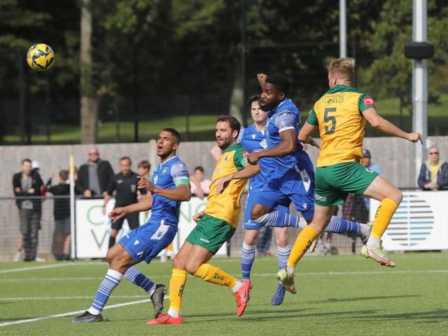 Action from Horsham's 2-0 home defeat to Bishop's Stortford in the Isthmian Premier on Saturday