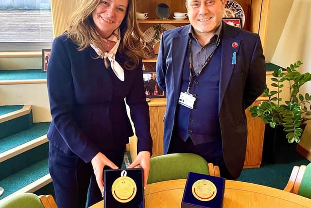 Gillian Keegan MP (left) met with Andrew Green (right), the CEO of Chichester College Group, earlier this year following their awarding of the prestigious Queen’s Anniversary Prize for education.