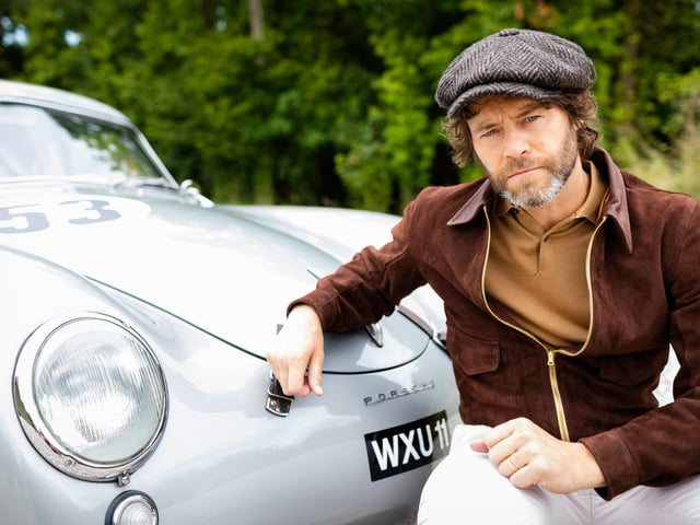 Howard Donald of Take That beside his 1953 Porsche 356 at Hound Lodge, Goodwood after his Revival Meeting make-over.