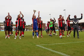 Lewes celebrate their last home win - versus Whitehawk - and are back at the Pan this weekend | Picture by James Boyes