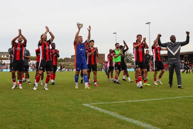 Lewes celebrate their last home win - versus Whitehawk - and are back at the Pan this weekend | Picture by James Boyes