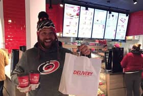 Paul Shannon was the first person to walk through the doors of the new Tim Hortons in Chichester which opened this morning at 7am. 
By doing so, he has won himself a year supply of coffee.
Pic courtesy of V2 radio