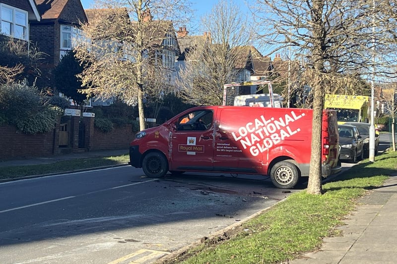 Emergency services are on the scene in Eastbourne following a traffic collision which has caused an oil spill on the road.