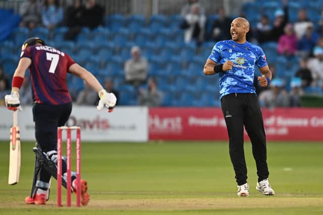 Tymal Mills of Sussex celebrates after dismissing Sam Billings of Kent during the Vitality Blast T20 match between Sussex Sharks and Kent Spitfires at Hove, England. (Photo by Mike Hewitt/Getty Images)