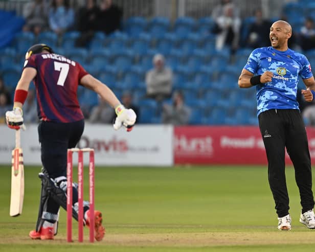 Tymal Mills of Sussex celebrates after dismissing Sam Billings of Kent during the Vitality Blast T20 match between Sussex Sharks and Kent Spitfires at Hove, England. (Photo by Mike Hewitt/Getty Images)