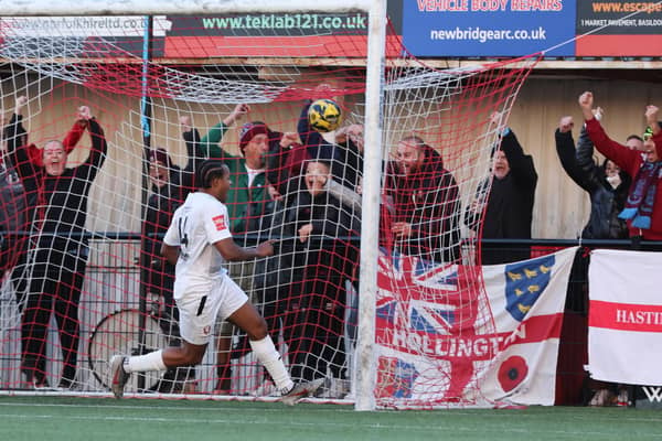 Tayo Oyebola scores the goal that proved Hastings United's winner at Hashtag | Picture: Scott White