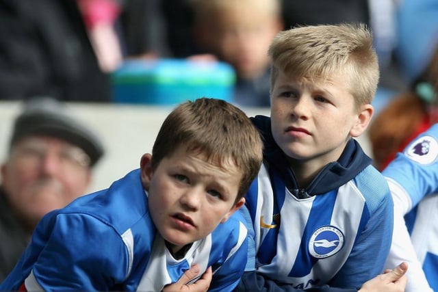 Two Brighton and Hove Albion fans look on prior to the Premier League match between Brighton and Hove Albion and Southampton at Amex Stadium on October 29, 2017.