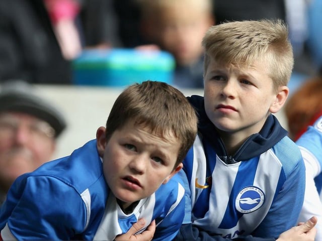 Two Brighton and Hove Albion fans look on prior to the Premier League match between Brighton and Hove Albion and Southampton at Amex Stadium on October 29, 2017.