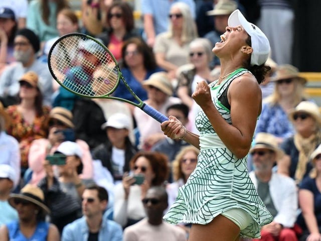 TOPSHOT - US player Madison Keys celebrates winning against Russia's Daria Kasatkina during their women's singles final tennis match at the Rothesay Eastbourne International tennis tournament in Eastbourne, southern England, on July 1, 2023. (Photo by Glyn KIRK / AFP) (Photo by GLYN KIRK/AFP via Getty Images):Action from Saturday's finals at the Rothesay tennis international at Devonshire Park, Eastbourne