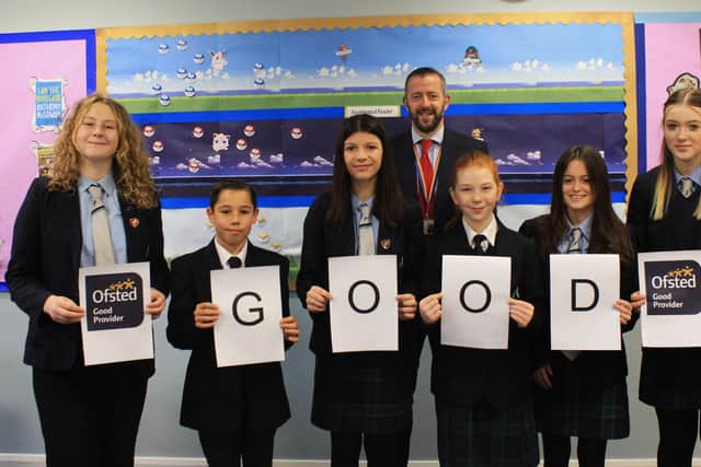 The Angmering School head teacher Simon Liley and pupils celebrated the Good Ofsted result