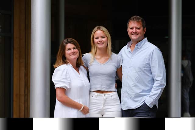 Seaford College's head girl, Megan McDonald from Arundel celebrating A level success with her parents